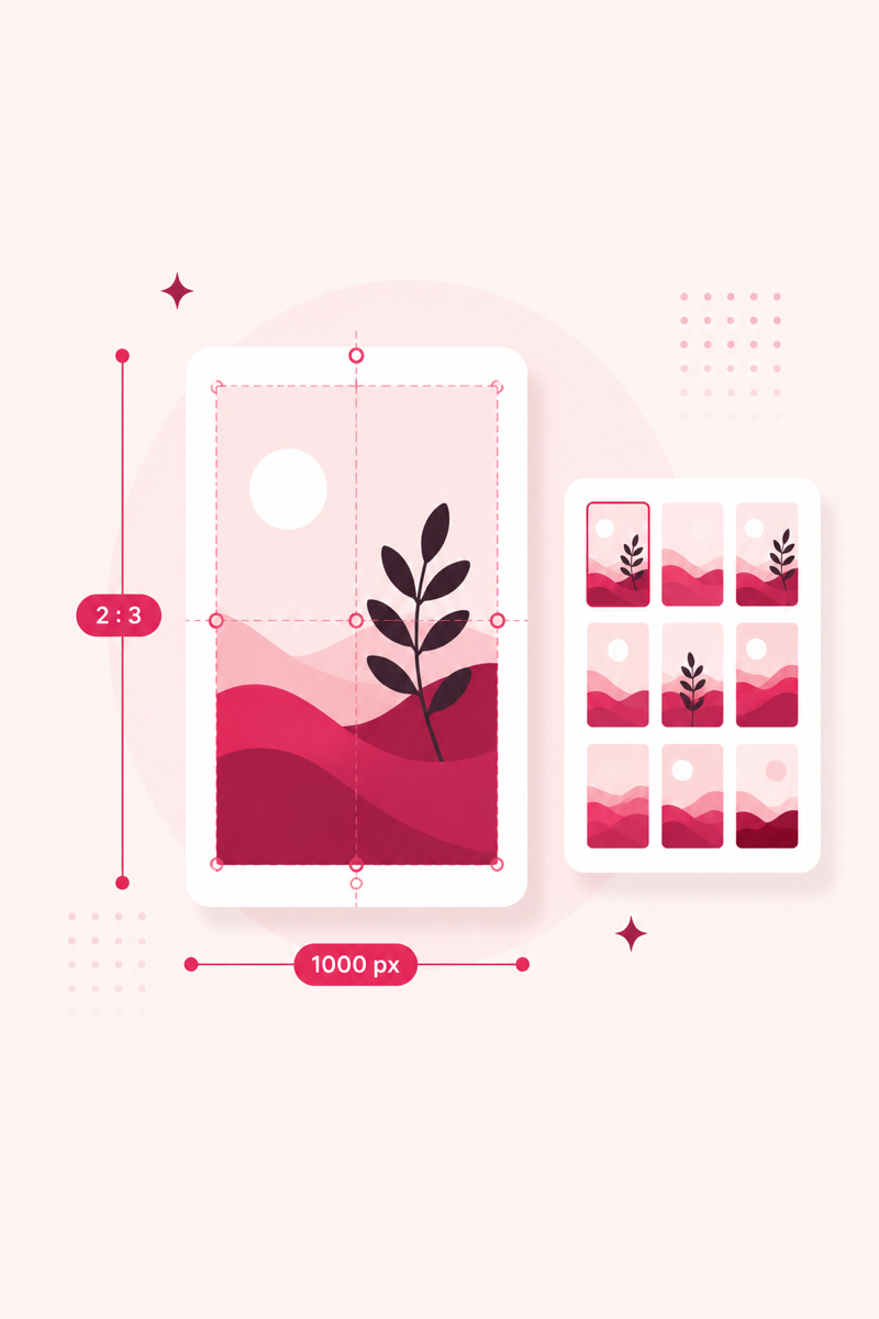 Illustration of Pinterest pin sizing guides and a board grid