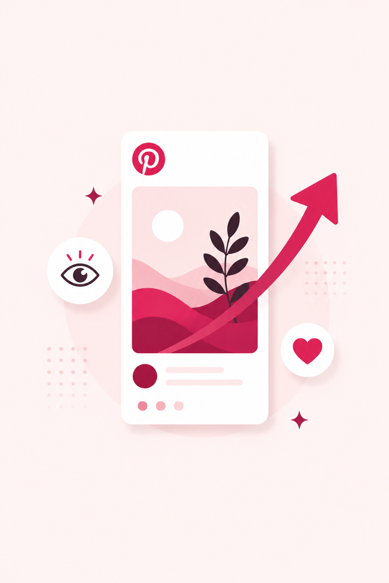 Illustration of a Pinterest pin with an upward growth arrow, views and saves