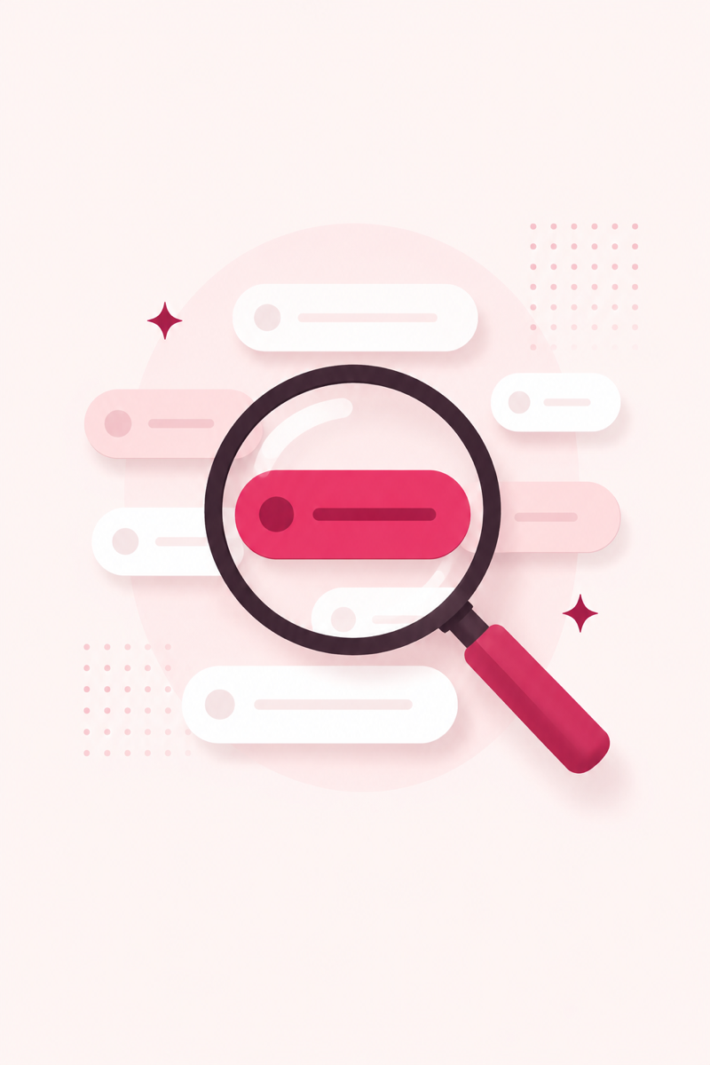 Illustration of a magnifying glass over Pinterest keyword tags