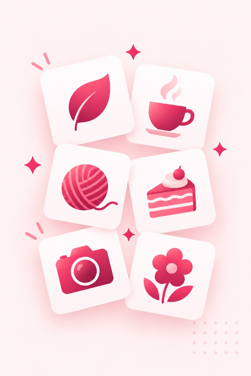 Illustration of six niche category icons on tiles: leaf, coffee, yarn, cake, camera and flower