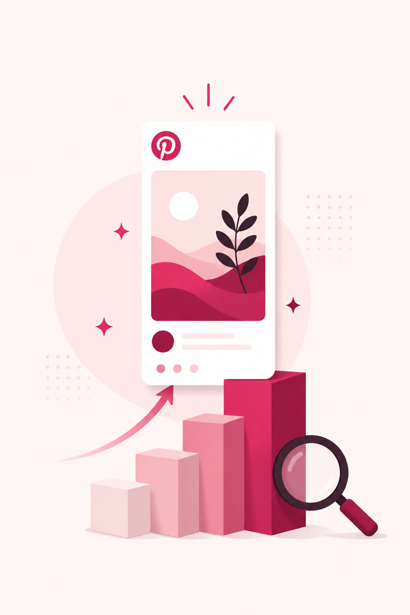 Illustration of a Pinterest pin rising up search rankings with a magnifying glass